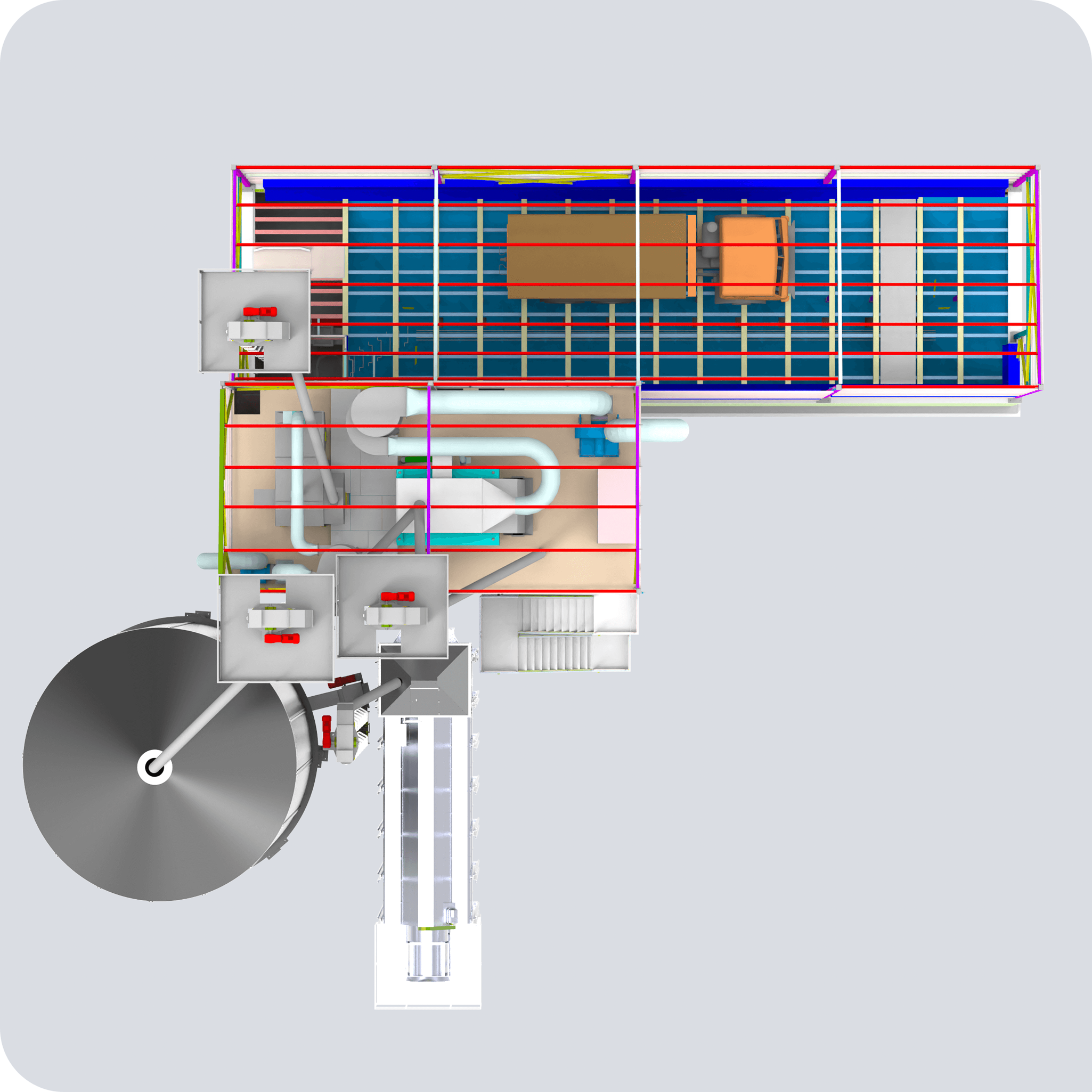 Модуль 80.12 Завальная яма механизированная, отделение зерноочистки, сушилка, оперативная ёмкость (вид сверху)